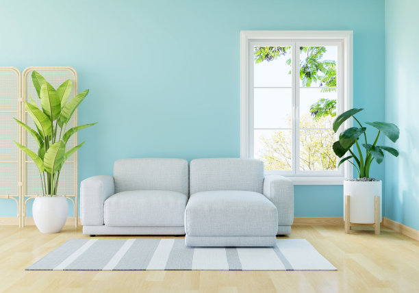 灰色沙发在客厅与自由空间模拟，3D渲染图片下载