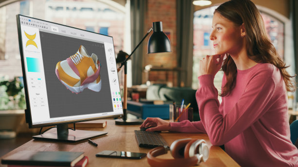 白人妇女在她的个人电脑设计视频游戏在一个创意办公室。女性在她的台式电脑上为角色设计服装。游戏图像和社交媒体元宇宙玩法。图片下载