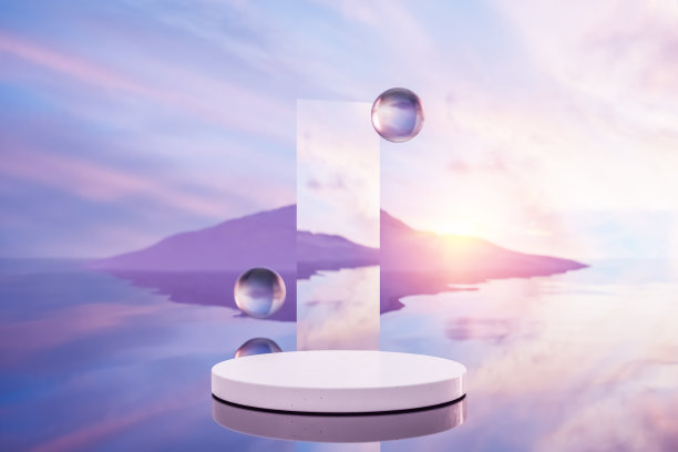 三维平台与复制空间的产品展示展示热带日落海滩抽象背景。热带夏季度假概念。图片下载