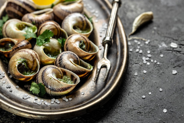 黑底烤蜗牛配黄油和香料。烤蜗牛配酱，勃艮第蜗牛。美味的食物。法国菜的概念。俯视图图片下载