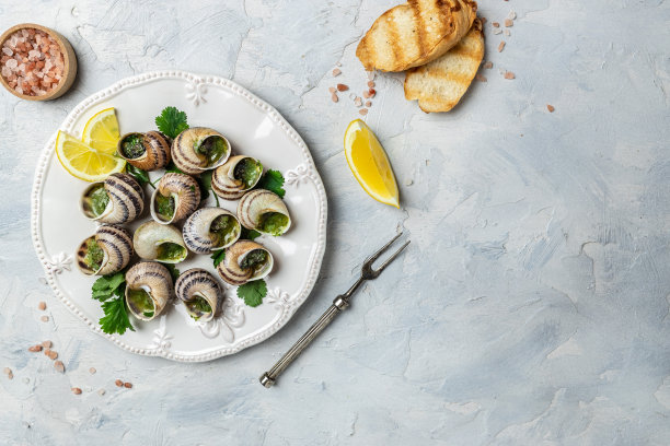 烤蜗牛配酱，勃艮第蜗牛。烤蜗牛配黄油和香料。美味的食物。横幅，菜单，文本的食谱，俯视图图片下载