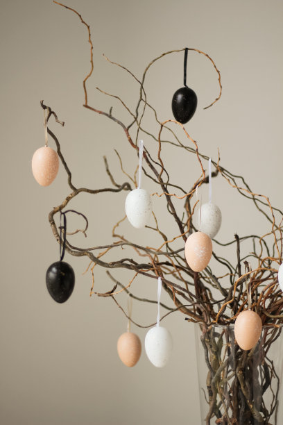 花瓶里的树枝上有彩色的复活节彩蛋图片下载