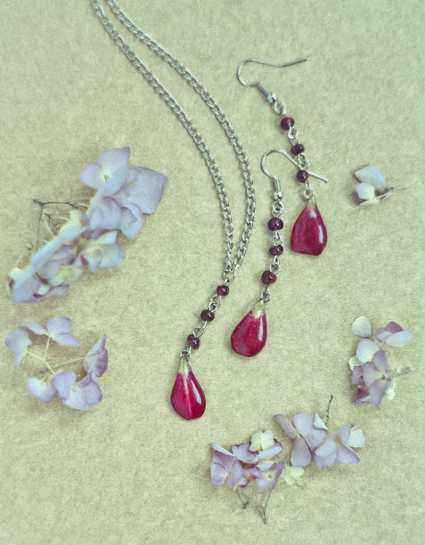 接近工艺珠宝集与红色花瓣和鲜花的概念照片图片下载