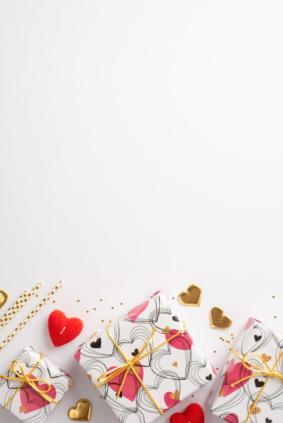 情人节的概念。顶视图垂直照片的礼物盒吸管心形蜡烛金色的五彩纸屑和亮片在孤立的白色背景与复制空间图片下载