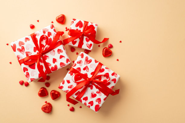 情人节的概念。顶部视图照片的礼盒彩带蝴蝶结心形糖果和撒在孤立的粉彩米色背景图片下载