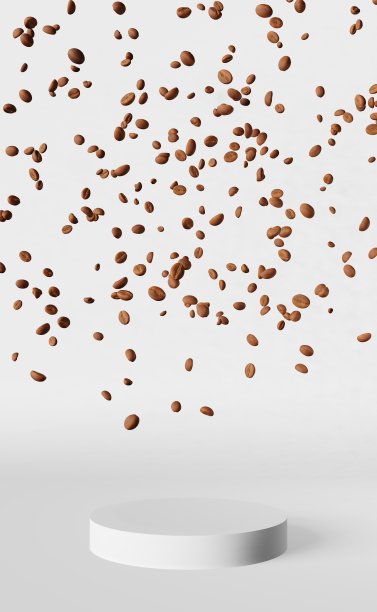 落在空哑光讲台上的咖啡豆白色背景3D渲染。放置产品杯袋袋演示。图片下载