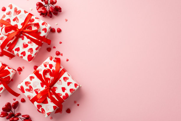情人节的概念。俯视图照片的礼物盒包装与心形图案和洒在孤立的粉彩粉红色背景与复印空间图片下载