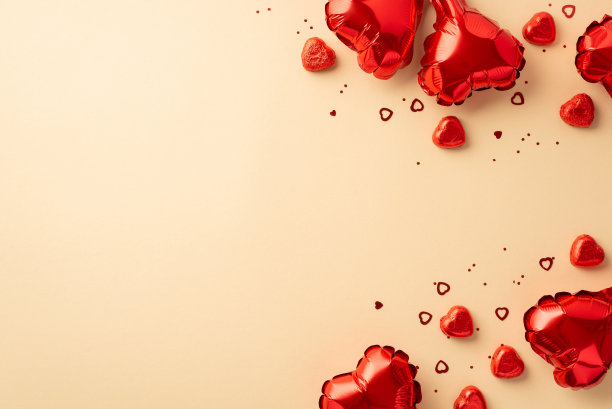 情人节的概念。顶部视图照片心形气球巧克力糖果和纸屑在孤立的浅米色背景与空白图片下载