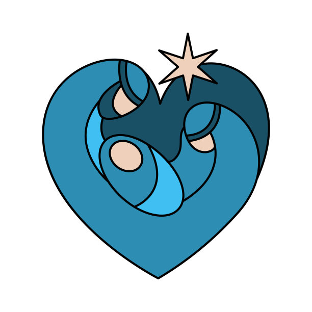 矢量彩色圣诞节基督教宗教耶稣诞生场景的婴儿耶稣与玛丽，约瑟夫和星的形式心。标志图标草图。涂鸦手绘插图图片下载