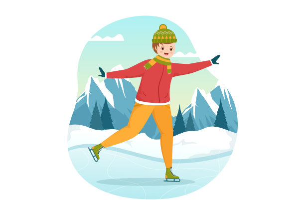 人们在冰场滑冰穿着冬季衣服户外活动或体育娱乐在平面卡通手绘模板插图图片下载