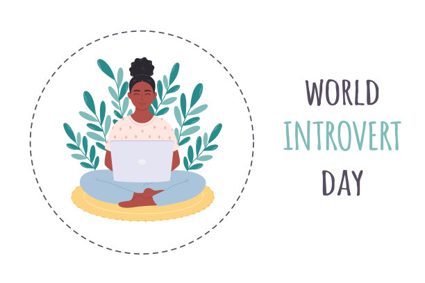 世界内向者日。女人拿着笔记本电脑。个人空间概念。内向者的工作空间。手绘矢量图图片下载