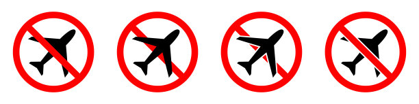 带有飞机图标的红色圆形停止或禁止标志。没有航班。航班禁止图片下载