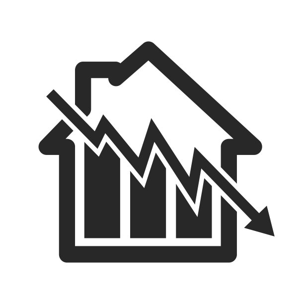 带有图表的向下箭头房屋图标。房地产市场下跌图标图片下载