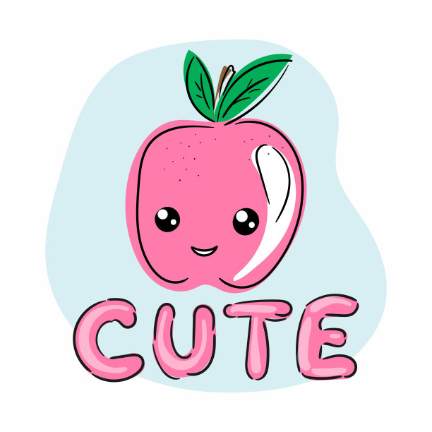 可爱的育儿矢量插图与有趣的粉红苹果甜美的女孩和字母孤立在白色背景上。卡哇伊风格的印刷理想的卡片，墙壁艺术，海报，儿童房装饰。图片下载