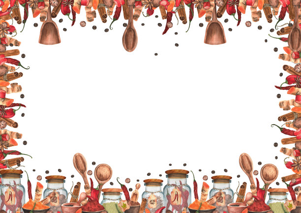 手绘水彩框架与香料:姜黄，肉桂，肉豆蔻，八角，多香香料，辣椒粉，辣椒，豆蔻图片下载