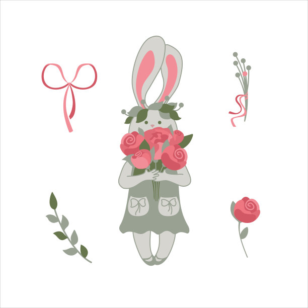 拿着花束的兔女郎。孩子们说明。卡。向量。图片下载