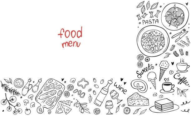 白色背景上隔离的一套食物。涂鸦。图片下载