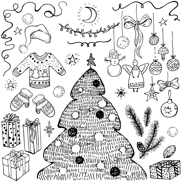 圣诞套装。雪花，雪人，星星，礼物，树，球，天使，糖果，月亮，花环。图片下载