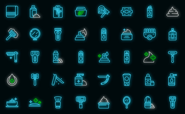 剃须化妆品图标设置轮廓矢量。男人剃须矢量霓虹灯图片下载