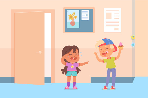 孩子们在学校走廊欺负人，愤怒的男孩用不良行为伤害了哭泣的小女孩图片下载