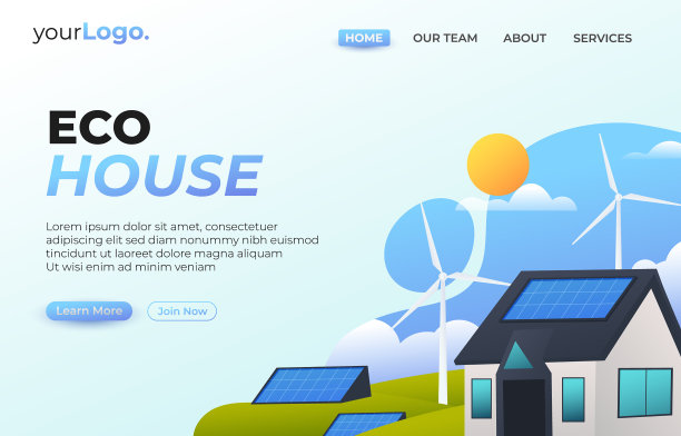 现代生态住宅和风车，太阳能电池板。智能家居和节能可持续的概念。网页横幅，登陆页面。矢量图图片下载