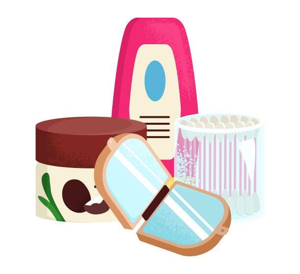 卫生浴产品矢量插图。美容护理由肥皂、洗发水瓶、液体和化妆品喷雾图标收藏。扁平塑料容器图片下载