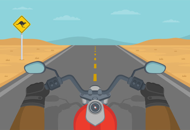 骑摩托车穿越澳大利亚沙漠。手握经典摩托车车把。图片下载