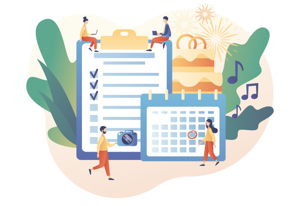 事件管理。负责策划活动、会议或派对。婚礼策划人。专业的组织者。时间表。现代平面卡通风格。白色背景上的矢量插图图片下载