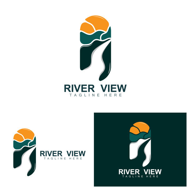 河流标志设计，河流矢量，河边插图与山脉和自然的结合，产品品牌图片下载