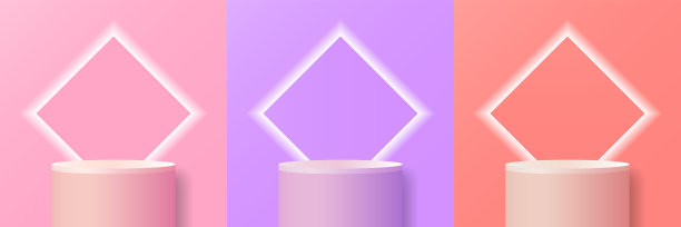 一套粉红色，紫丁香和珊瑚现实的3d裙座柱体与方形霓虹灯背景。图片下载