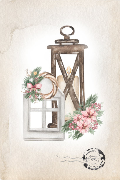 水彩画的圣诞卡与灯笼和白色的房子插图。圣诞花环与粉红色一品红花和冷杉枝。冬季复古卡片模板，节日邀请，新年派对打印。旧风格的背景。图片下载