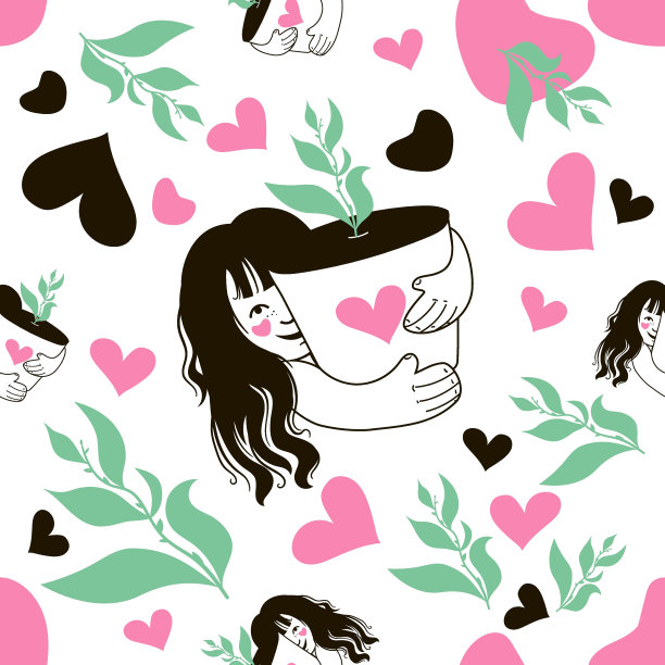 天衣无缝的心形图案，花盆，女孩。热爱自然。女孩抱着花盆。矢量插图。图片下载