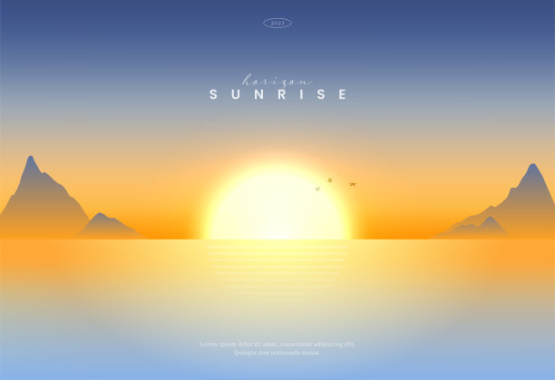 美丽的日出或日落在海洋，自然景观背景，闪耀的太阳在海上。露出水面的岩石。夜景或早景。现代风格，新潮的矢量插图。图片下载