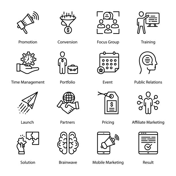 信息收集、成就、分析、广告、竞争、数字营销、客户调查、市场观察、创业、创意轮廓图标矢量素材图片下载