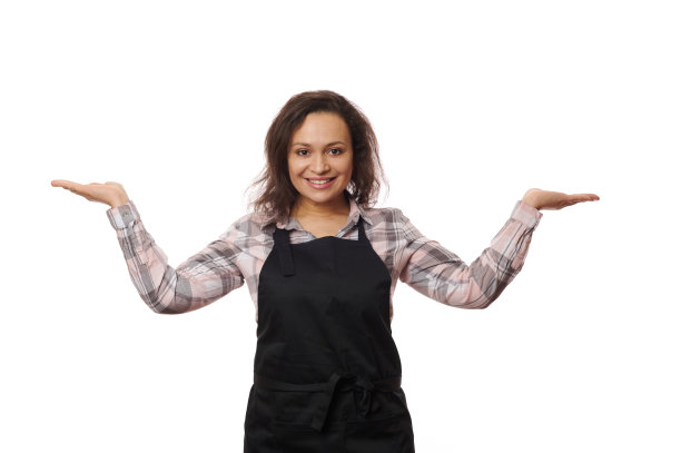 漂亮女人女招待酒吧女服务员，手里拿着广告位，手掌向上，可爱的微笑着看着镜头图片下载