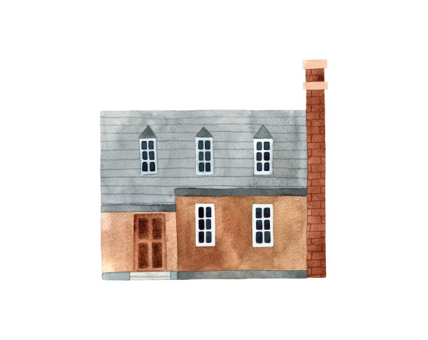 水彩手绘插图的砖乡村房子。白色背景上的孤立建筑。图片下载