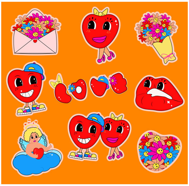 千年虫风格的情人节贴纸图片下载