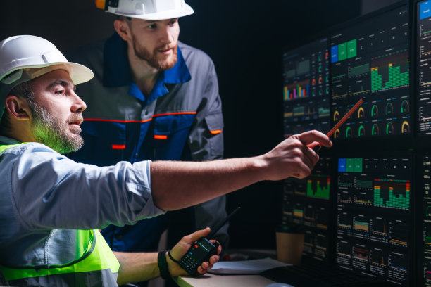 总工程师和工厂操作员在工厂使用SCADA系统和工业4.0跟踪产品流程。两名操作员使用人机界面屏幕控制装配线图片下载