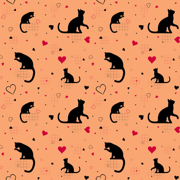 橙色背景上黑猫和红心的无缝模式。用于包装、印刷和装饰图片下载