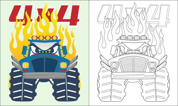 用火焰填色的怪物卡车漫画书或页面图片下载