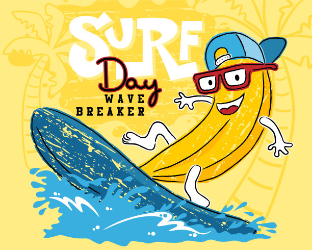 有趣的香蕉卡通在海滩上玩冲浪板图片下载