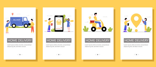 附有卡通人物的派递服务单张。矢量插图。图片下载