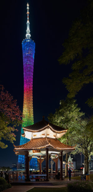 广州塔，夜景，新旧风格，中国股票照片图片下载