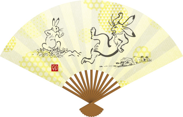 金色扇子与经典兔子的插图图片下载