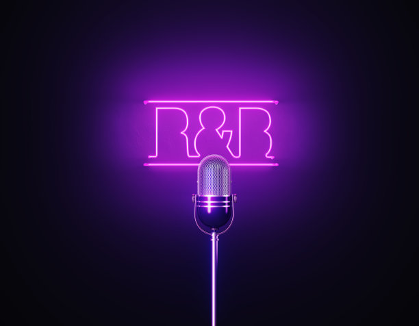 紫色霓虹灯在黑色背景的银色麦克风上写R&B图片下载