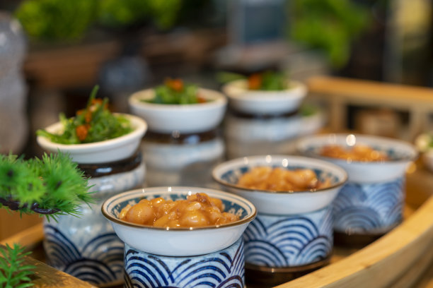 自助餐中有海带沙拉和酱章鱼等日本料理图片下载