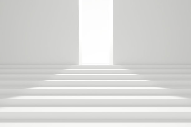 楼梯顶楼的发光出口门。成功之道的概念图片下载