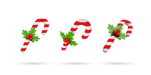 一套3d圣诞拐杖糖图标。糖果手杖与槲寄生叶装饰3d插图。白色背景隔离图片下载