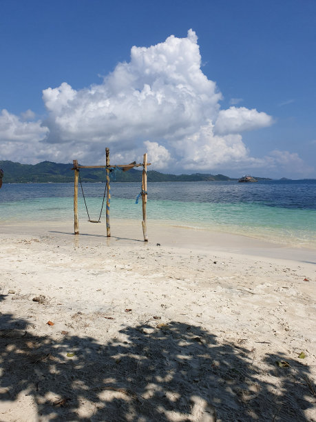 美丽的海滩，充满天空和秋千图片下载