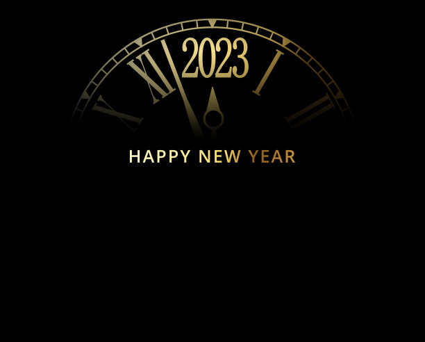 2023年金色背景经典时钟新年贺卡图片下载